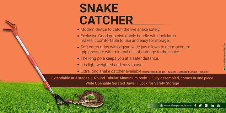 Snake Catcher
Modern device to catch the live snake safely.
Exclusive Good trip pistol style handle with lock latch makes it comfortable to use and easy for storage.
Soft catch-grips with zigzag wide jaw allows to get maximum grip pressure with minimal risk of damage to the snake.
The long pole keeps you at a safer distance.
It is light weighted and easy to use.
Extra long snake catcher available (Compressed Length - 135 cm | Extended Length - 205 cm)

Extendable in 3 stages | Round Tubular Aluminium body | Fully assembled, comes in one piece Wide Openable Serated Jaws | Lock for Safety Storage
https://sharpexindia.com/
https://bit.ly/2mey4do
https://amzn.to/2LfwK4F

#Gardening #sharpexindia #sharpex #LawnMower #garden #SnakeCatcher #catcher #Aluminium