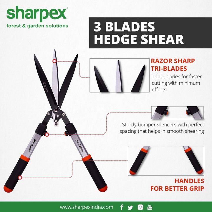 3 Blades hedge shear

Triple blades for faster #cutting with minimum efforts
Sturdy bumper silencers with perfect spacing that helps in smooth shearing

https://sharpexindia.com/gardening/3-blade-hedge-shear
http://sharpexindia.com/gardening/
https://www.amazon.in/Sharpex-3-Blades-Hedge-Shear/dp/B00SIZS7AO?fbclid=IwAR0vFZJogIck76fSkE1FDfEozIy2auDpeSu447LHSj1Xx4v5_vPZ_HfI0to

#gardeningproducts #gardenproduct #gardenpot #plantershelfstand #flowerpots #plant #garden #flower

Ahmedabad, India Gandhinagar, Gujarat Vadodara, Gujarat, India Surat, Gujarat Chennai, India Mumbai, Maharashtra Banglore