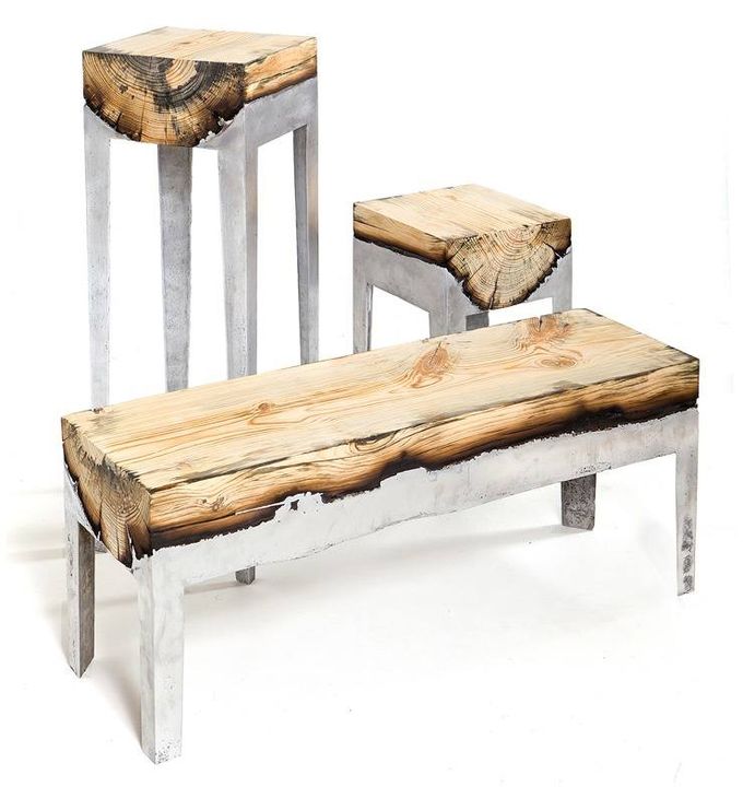 WOOD CASTING BY HILLA SHAMIA.                                             Incredible way to mend cast aluminium and wood into desks and stools. Using irregularly shaped wood pieces to give that natural form and aluminum to flow into the grooves and crevices of the wood.